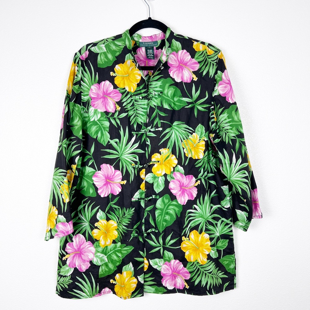 Lauren Ralph Lauren Womens Linen Floral Blouse Mandarin Collar‎ Frog Closure L